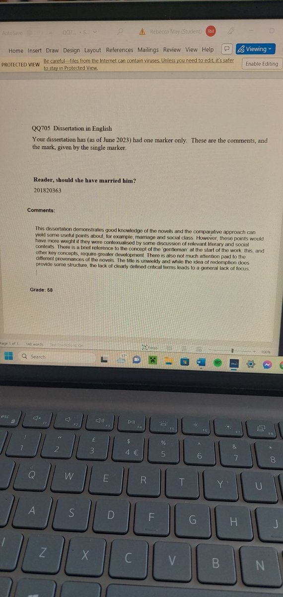 I HAVE FEEDBACK ON MY 8 THOUSAND WORD DISSERTATION! Oh, wait. No, I have 100 words of vague waffle. Whoever marked this didn't approve of the title that my supervisor told me not to change. This is an insult to me and my supervisor and I am in shock