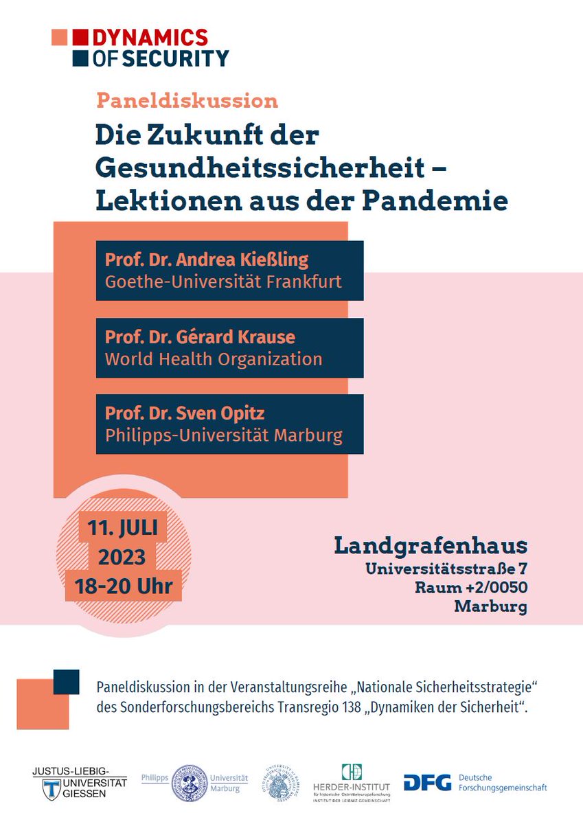 Der Startschuss für unsere Veranstaltungsreihe "Nationale Sicherheitsstrategie" fällt mit einer Paneldiskussion zur Zukunft der Gesundheitssicherheit u. a. mit Prof. Dr. <a href="/andkiessling/">Andrea Kießling</a> , Prof. Dr. Gérard Krause von der <a href="/WHO/">World Health Organization (WHO)</a> und Prof. Dr. <a href="/opitz_sven/">Sven Opitz</a> 

🗓️ 11.07.23
🕕 18-20Uhr