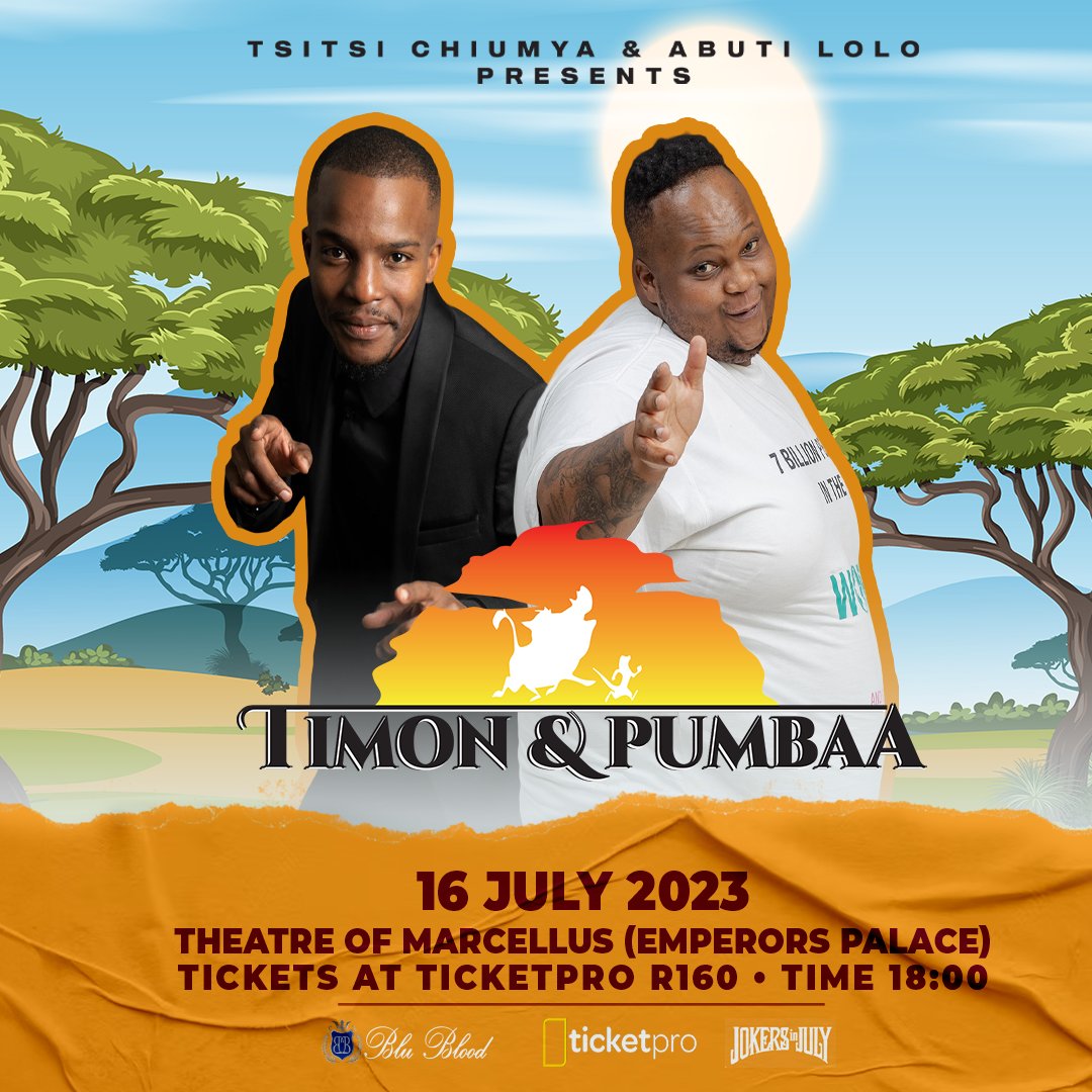 .@TsitsiChiumya & Abuti Lolo present 'Timon & Pumbaa' on 17 July at Theatre of Marcellus, JHB - a 2-man stand-up comedy showcase by these award winning comedians who are trying to just navigate their way towards a hakuna matata life. Tickets at Ticketpro: bit.ly/3Nojo8K
