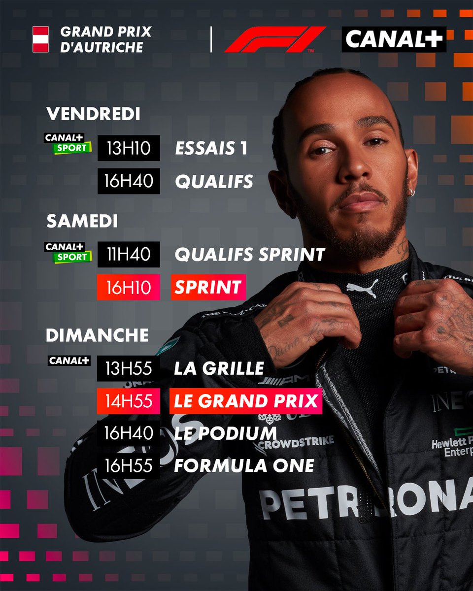 CanalplusF1's tweet photo. Ce week-end, c’est ✨sprint✨ race. 

Voici le programme ⬇️ 

#AustrianGP #F1 https://t.co/ZwQ2JM63GL