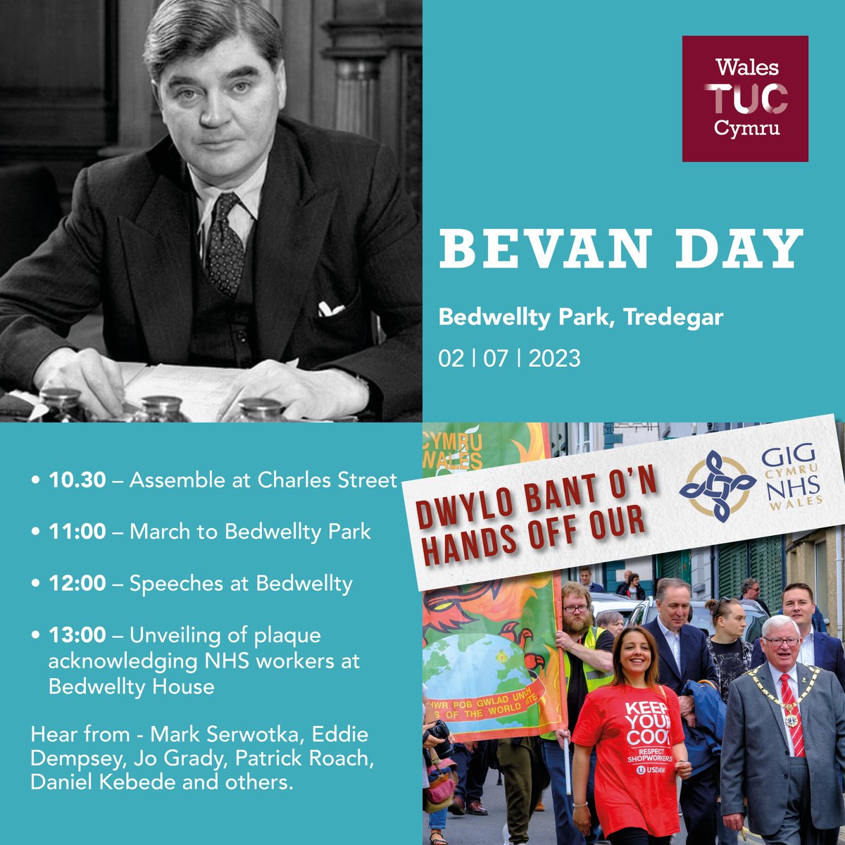 This week we celebrate the #NHS75 anniversary and the efforts of our health and public sector workers. 

To mark it, join the <a href="/BevanFestival/">Bevan Festival</a> march in Tredegar from 10.30am this Sunday.

With union speeches from <a href="/pcs_union/">PCS Union (pcs.org.uk)</a> <a href="/RMTunion/">RMT</a> <a href="/ucu/">UCU</a> <a href="/NASUWT/">NASUWT</a> <a href="/NEUnion/">National Education Union</a> and more.