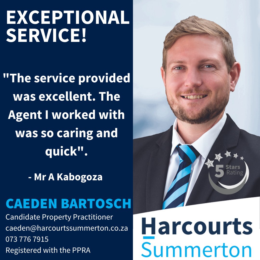 What a wonderful review from one of our clients that purchased a property in Walmer, congratulations Caeden Bartosch! #5StarReview #CaedenBartosch #HarcourtsSummerton #GqeberhaRealEstate #Testimonial #BetterInBlue #PortElizabethRealEstate