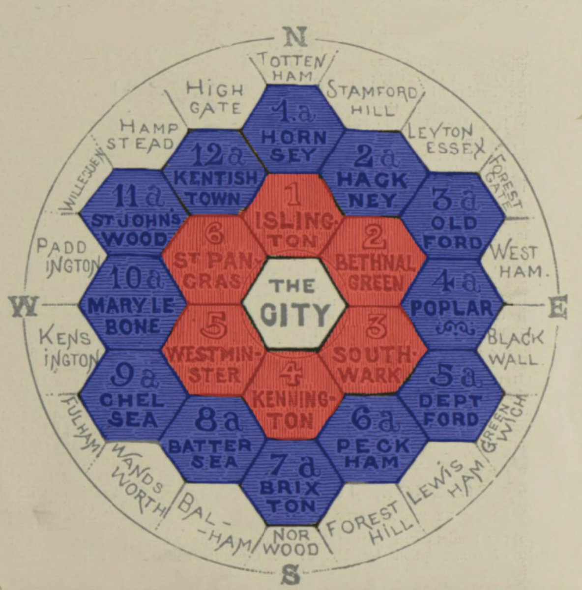 In 1899, designer John Leighton proposed splitting London into hexagonal boroughs. (<a href="/mattfromlondon/">M@</a> with the colouring in)