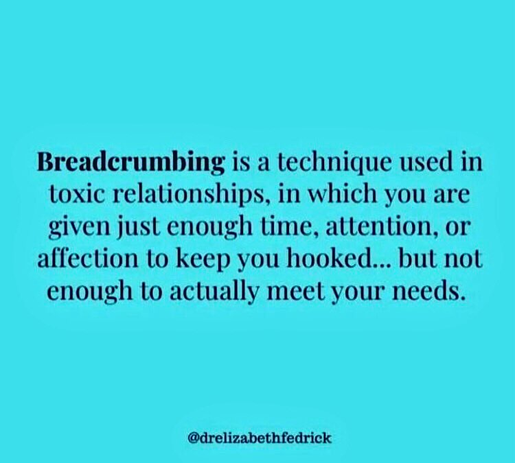 AwareOfTheNarc's tweet photo. When a person is breadcrumbed they are left stuck on standby, leading to feelings of uncertainty, anxiety &amp; invalidation. Breadcrumbing can lead to isolation &amp; loneliness, bc it discourages the victim from moving on or seeking new connections. Remember, trust actions not words. https://t.co/vzTspCjkAb