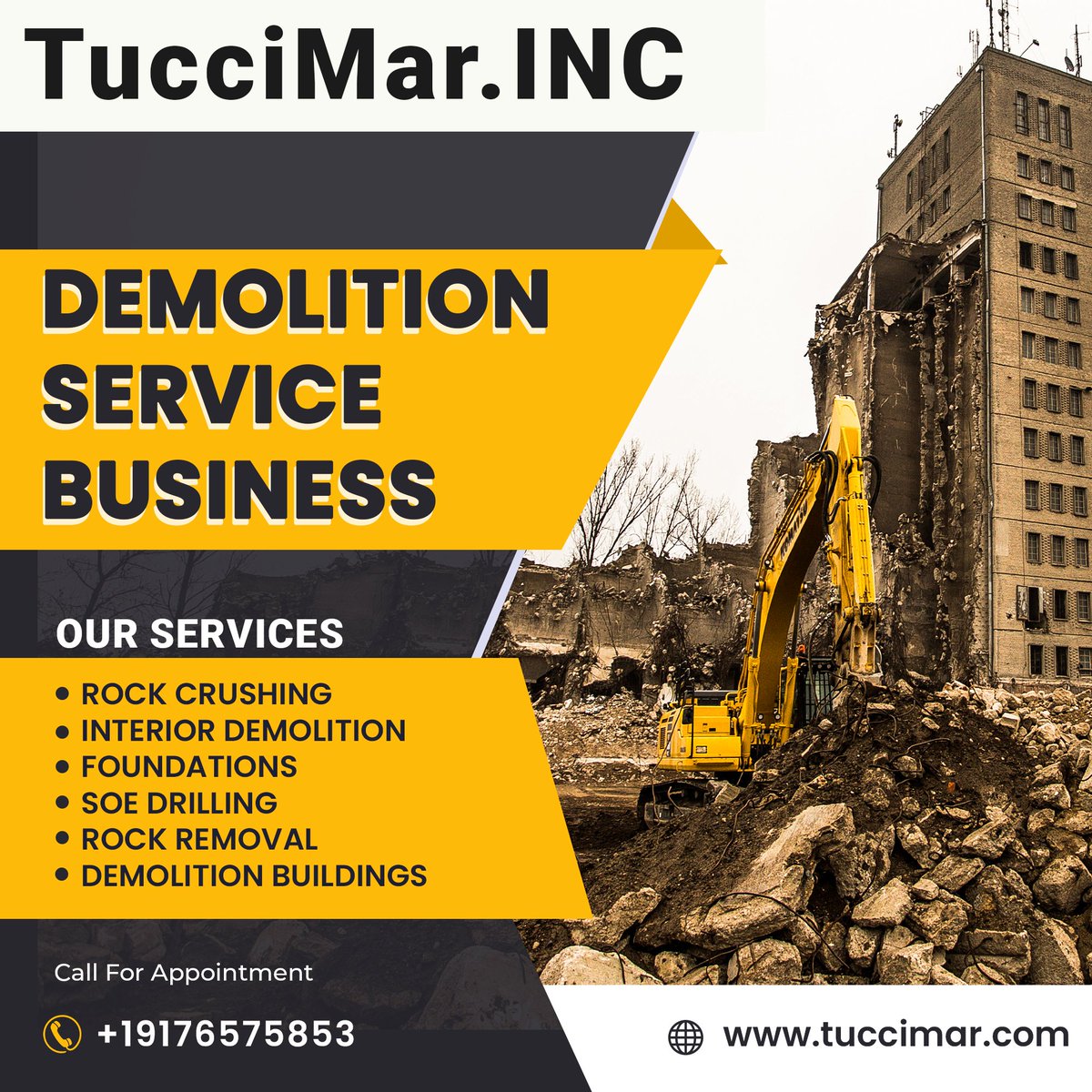 tuccimarinc's tweet image. Tuccimar now leads a thriving company in a bustling city, overseeing multiple locations and delivering successful projects with top-notch equipment and skilled staff.

Visit Us:- tuccimar.com

#DemolitionProjects #DemolitionWorks #SiteClearance #Deconstruction