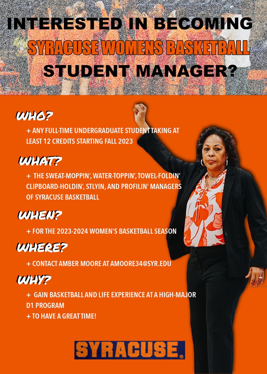 We’re looking for WBB managers!!! If you’re interested please see below!! #AllOnDeck #GoOrange 🍊🍊🍊🍊 @CuseWBB @CoachSteveGilb1