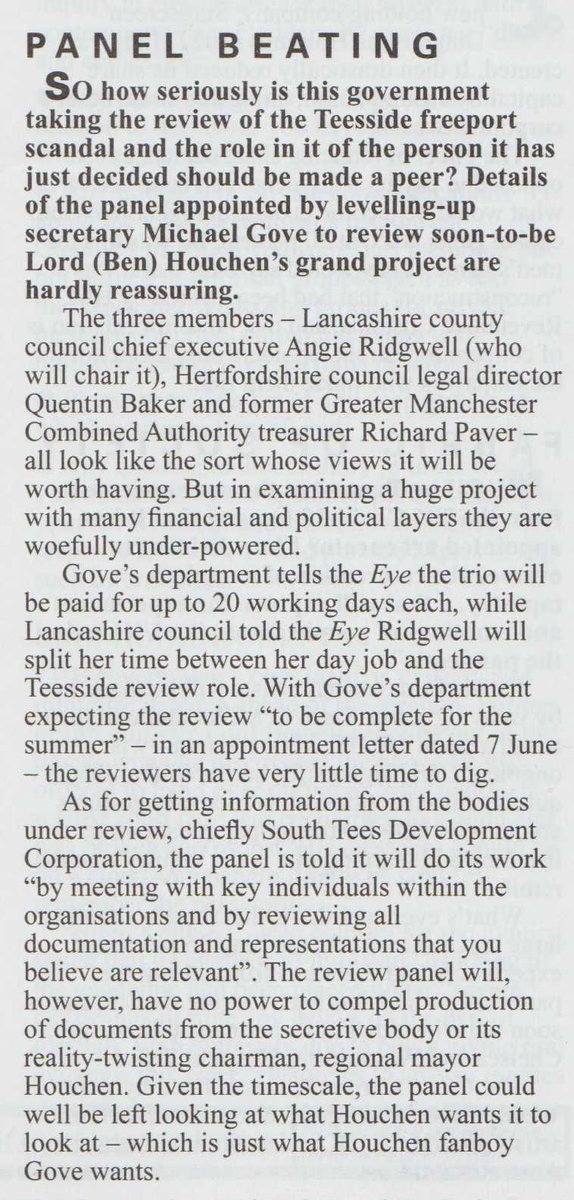 Michael Gove has set up a panel to enable him to say that he's set up a panel to look into financial questions around the Teesside freeport.

We have yet to see a panel to look properly into financial questions around the Teesside freeport.

Private Eye 16 June

#wato
