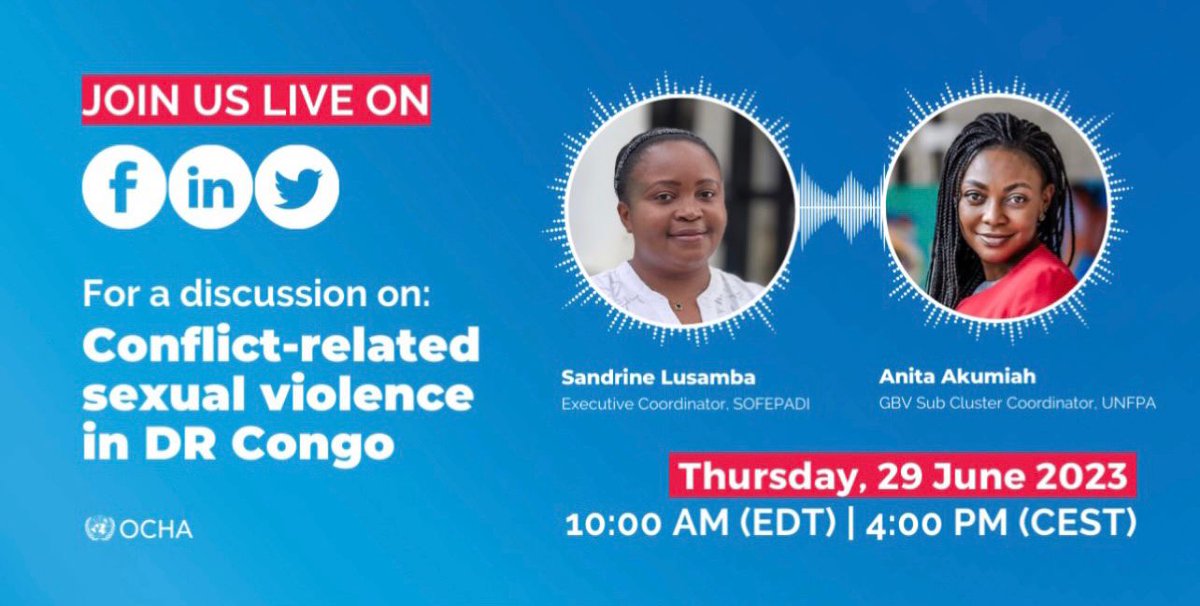 Join @UNOCHA live this morning @10am EST to discuss urgent situation of #sexualviolence in #DRCongo & how humanitarians are scaling up to respond. My team @toniannestewar1 will  moderate with colleagues from #RDCongo @GBVAoR1 @MSF_USA #CRSV #NotATarget #EndViolenceAgainstWomen