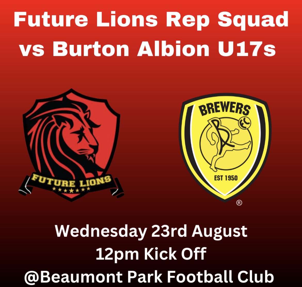 Delighted to Announce another Future Lions Rep Game this Summer 🦁 

A Future Lions Rep Squad will take on @officialburtonalbion U17s 

Huge thank you to @fsd_academy Beaumont for Hosting, Info about the squad will be released soon 👏 

🦁🏆⚽️ #FutureLions