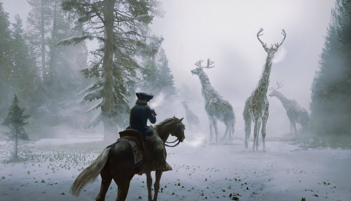 1/2 I love the idea of African wildlife living in a cold environment, like giraffes but with more fur and reindeer antlers eating from tall pine-trees.I love when games have exploration that isn’t -00% predictable..I’d expect running into deer and hates but..giraffes?