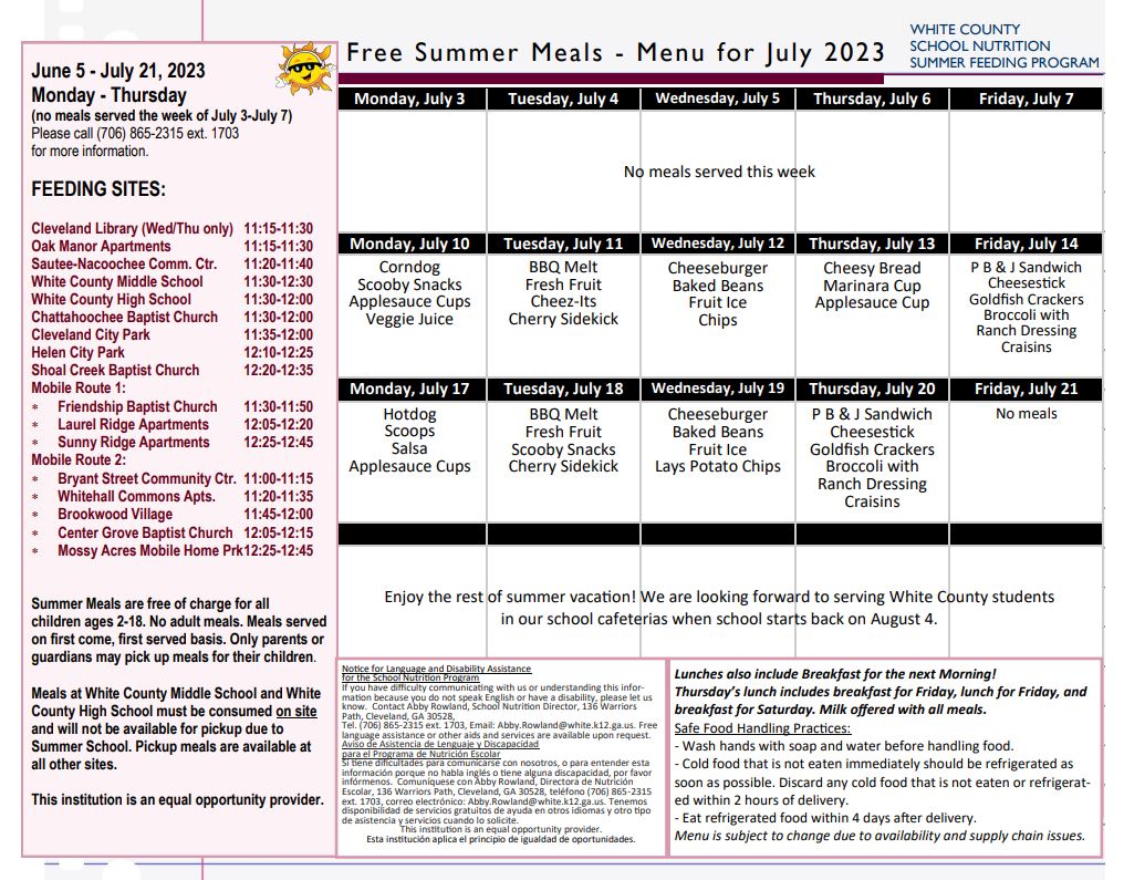 wcschoolfood's tweet photo. We are serving #freesummermeals for kids today (you will receive a meal for today and tomorrow). Next week there will be no meal service. We will resume on Monday, July 10 (our July menu is pictured). Have a safe holiday!
#WCbemore #whitecountyga #clevelandga #helenga #sauteega https://t.co/kqNlR27VQk