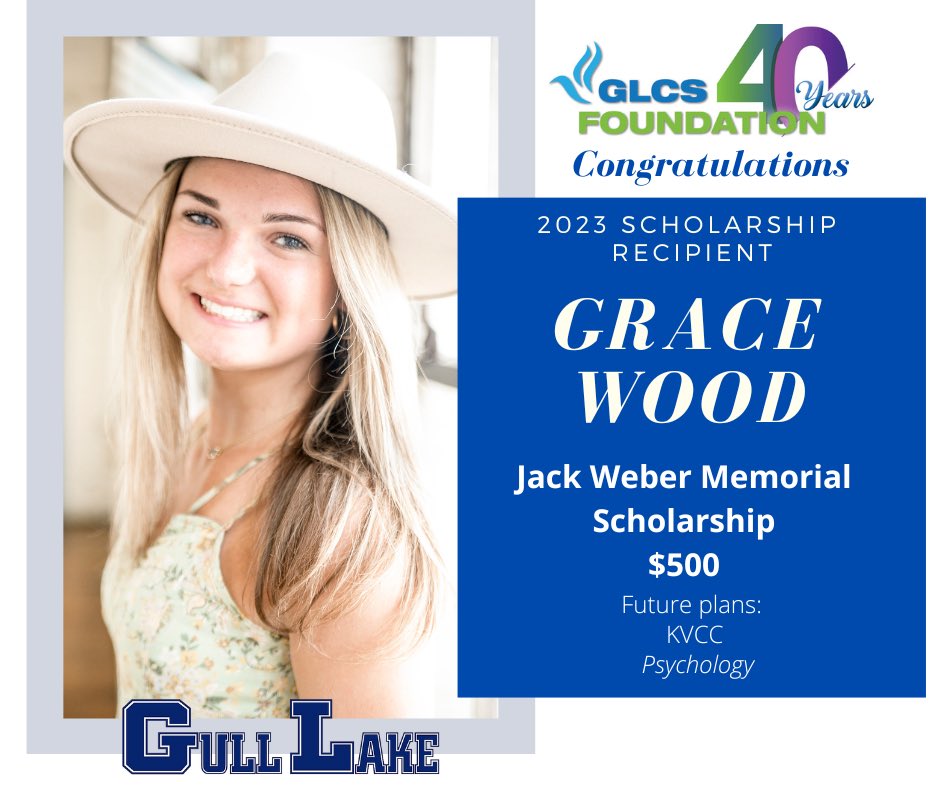 The GLCS Foundation congratulates our 2023 scholarship recipients. 43 scholarships have been awarded totaling $82,000. We’d like to celebrate them all individually too!Sincerest thanks to our generous donors who make these scholarships possible for our Gull Lake students! #glcsf
