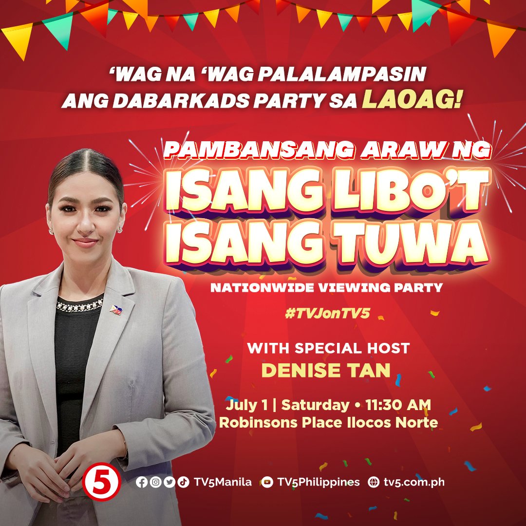 SAMA-SAMA nating tutukan ang #TVJ at #LegitDabarkads para sa ating mga Kapatid sa Laoag with our host, Denise Tan! 🤩 PILA na as early as 10AM sa Robinsons Place Ilocos Norte BUKAS, 11:30AM! #TVJonTV5 #IBAngSayaPagSamaSama