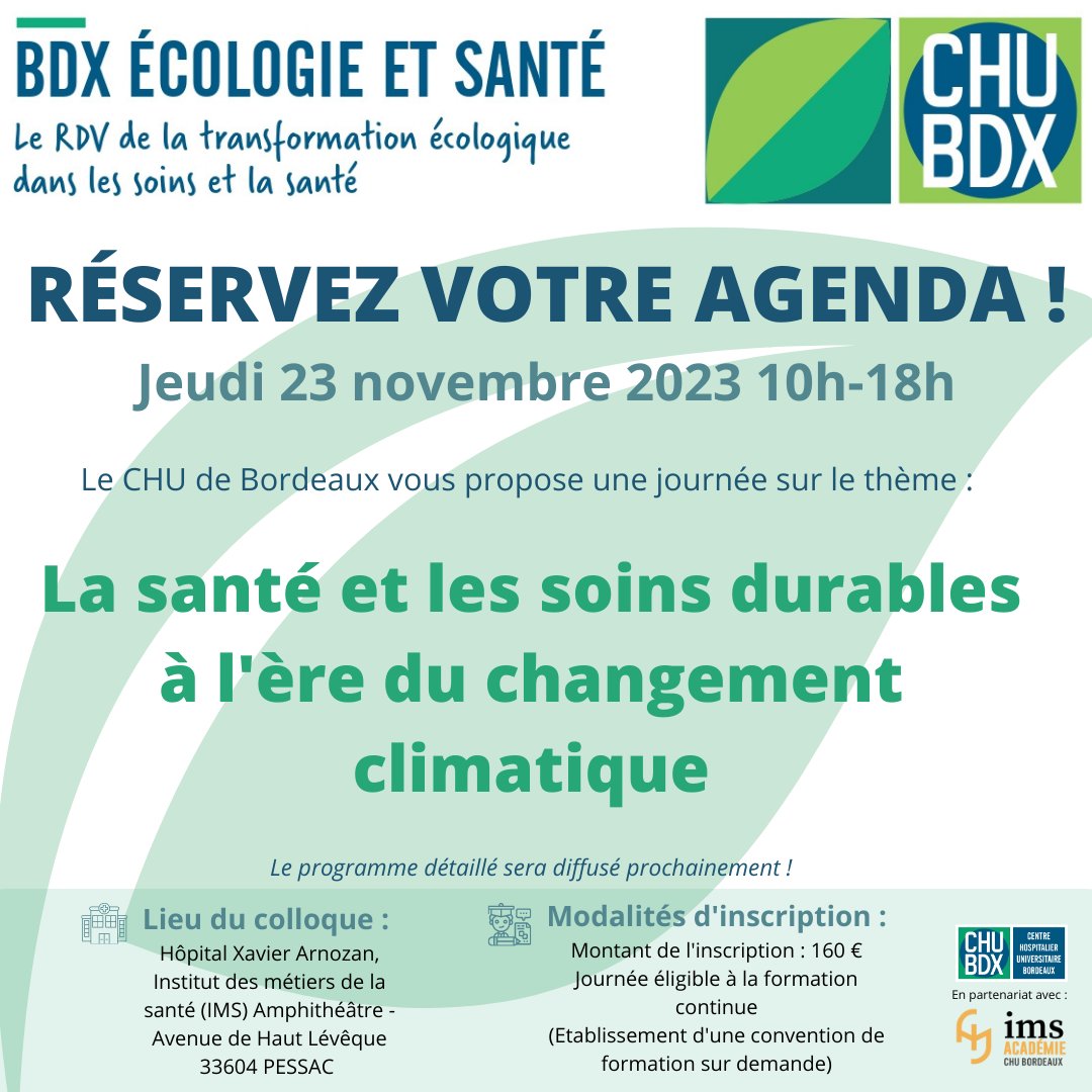 CHUBordeaux's tweet image. [SAVE THE DATE] Le @CHUBordeaux &amp;amp; @IMSCHUBordeaux  vous proposent une journée sur le thème :  « La #santé et les #soins #durables à l’ère du changement #climatique ».

📌Inscription obligatoire via cutt.ly/ewyXIAPy

▶️Diffusion du programme détaillé très prochainement !