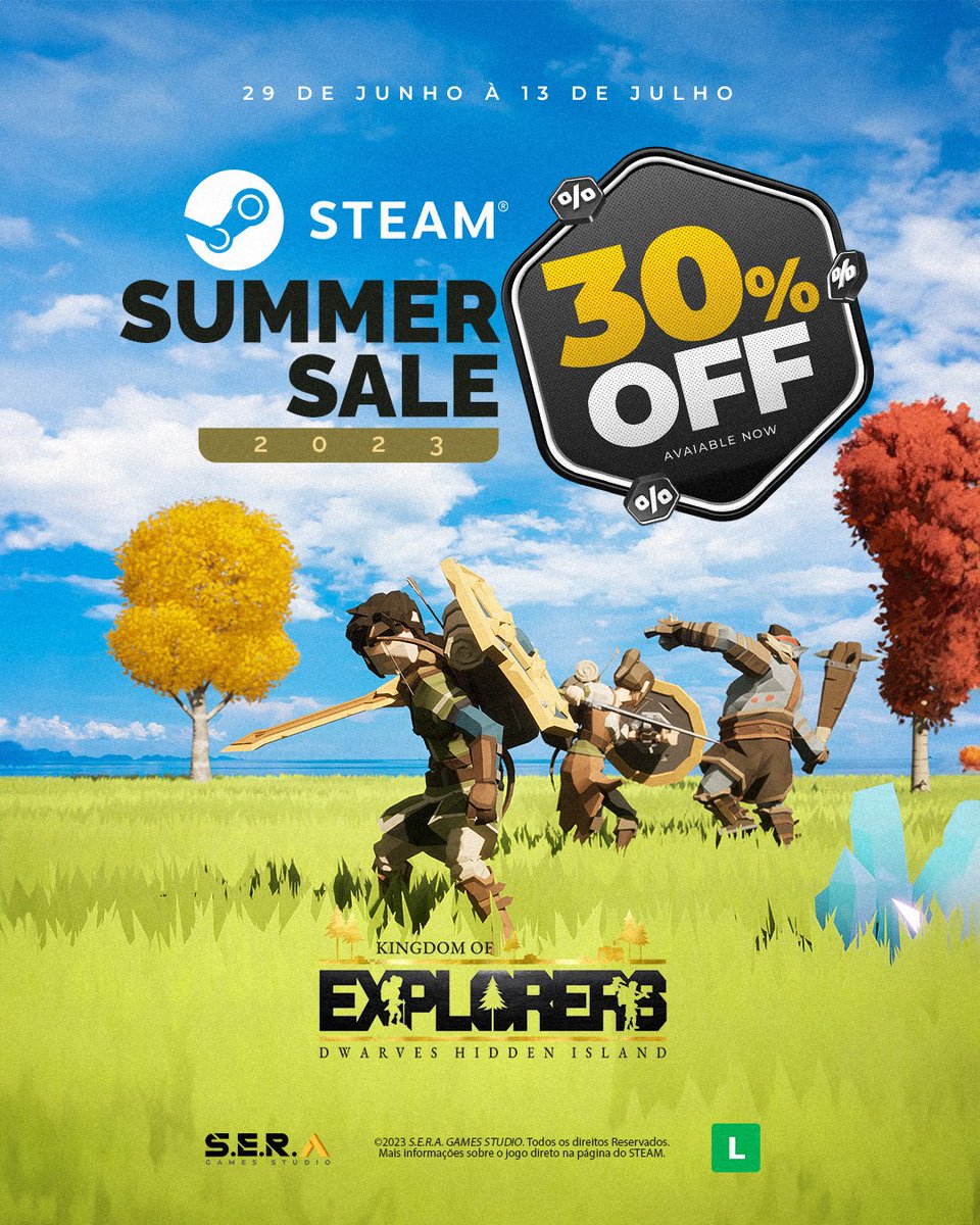 seragamesstudio's tweet photo. Começa hoje, às 14h a promo do Steam Summer Sale de 2023. Aproveite o desconto de 30% e adquira sua cópia de Kingdom of Explorers.
De 29/06 a 13/07
https://t.co/ABtIEukzUc https://t.co/6MTfUca4lx