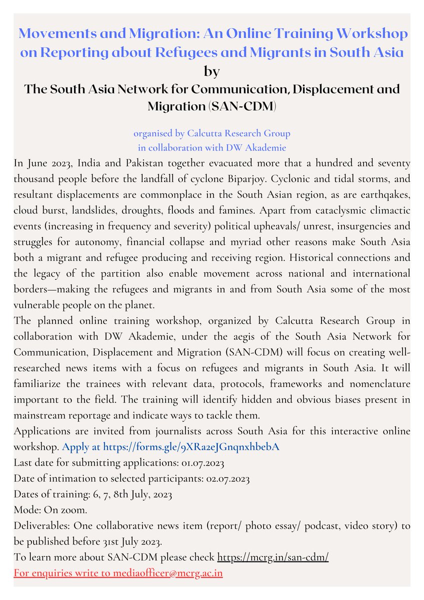 DEADLINE EXTENDED!
Last date for submitting applications is now 01.07.2023
<a href="/dw_akademie/">DW Akademie</a> <a href="/rwatchonline/">Refugee Watch Online</a> <a href="/MCRG_CRG/">CRG</a>