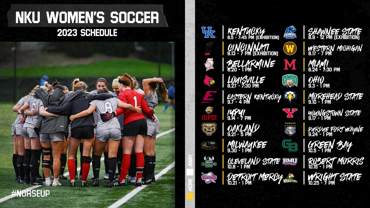 NKUNorseWSOC's tweet photo. The 𝟮𝟬𝟮𝟯 𝗦𝗘𝗔𝗦𝗢𝗡 is almost 𝗛𝗘𝗥𝗘 👀

Get your calendars marked as NKU announces its 2023 campaign‼️

The slate features 1⃣7⃣ matches, with 8⃣ home contests here in Highland Heights 🙂⚽️

📰 - https://t.co/o3ZAavFwRY
🗓️ - https://t.co/72h7gK6Tot

@NKUNorse | #NorseUp https://t.co/jqtxJDdosZ