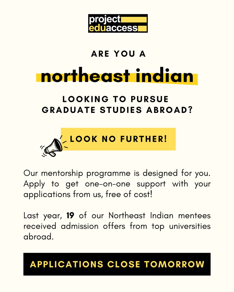 ProjEduAccess's tweet photo. Calling all Northeast Indians looking for support with graduate applications to universities abroad!
Apply to be a Mentee with us here:ย https://t.co/nlR2K295S4
๐๐ฝ๐ฝ๐น๐ถ๐ฐ๐ฎ๐๐ถ๐ผ๐ป๐ ๐ฐ๐น๐ผ๐๐ฒ ๐๐ผ๐บ๐ผ๐ฟ๐ฟ๐ผ๐ (๐ฏ๐ฌ ๐๐๐ป๐ฒ)!
#mentorship #projecteduaccess #india https://t.co/G30BD8K0Ft