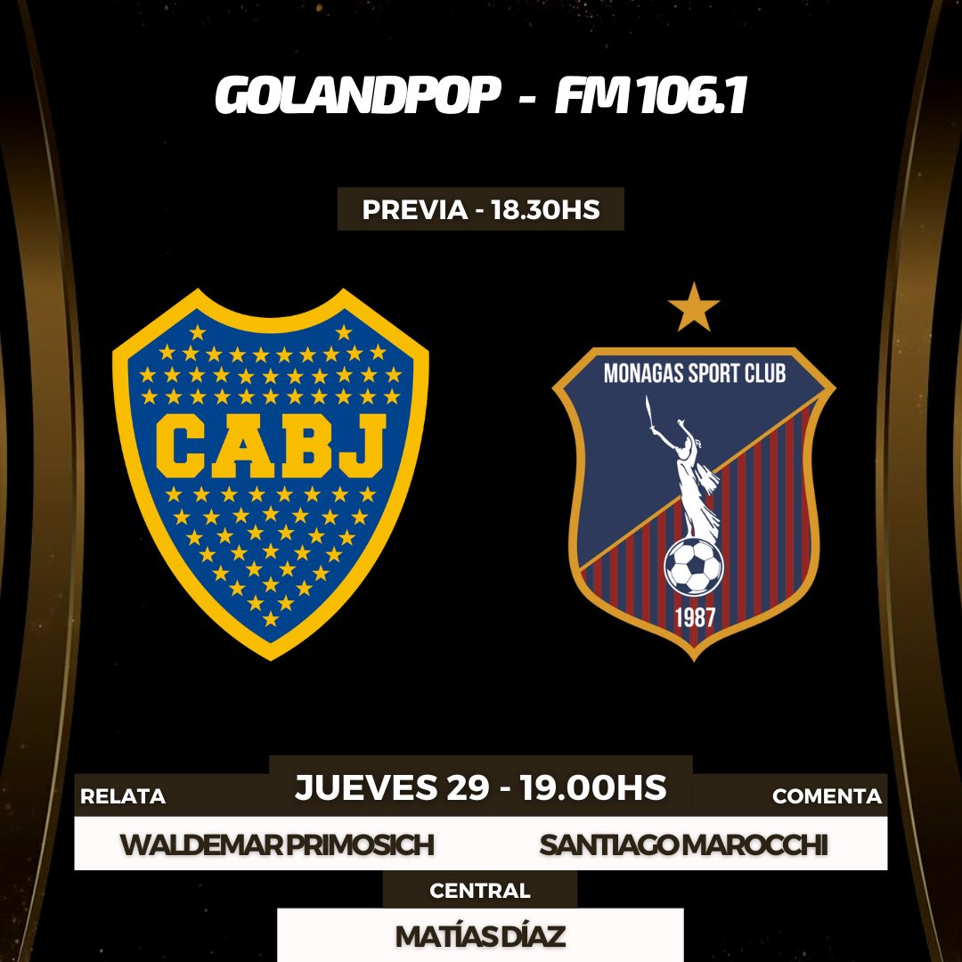 🔵🟡 ¡EL XENEIZE QUIERE EL PRIMER PUESTO! #Boca recibe a #Monagas 🇻🇪 en la Bombonera por la última fecha del Grupo F de la CONMEBOL #Libertadores 

📻 Lo vivís junto a Cadena <a href="/golandpop/">GOLANDPOP 📻</a> en FM 106.1 y más de 80 radios de Argentina.