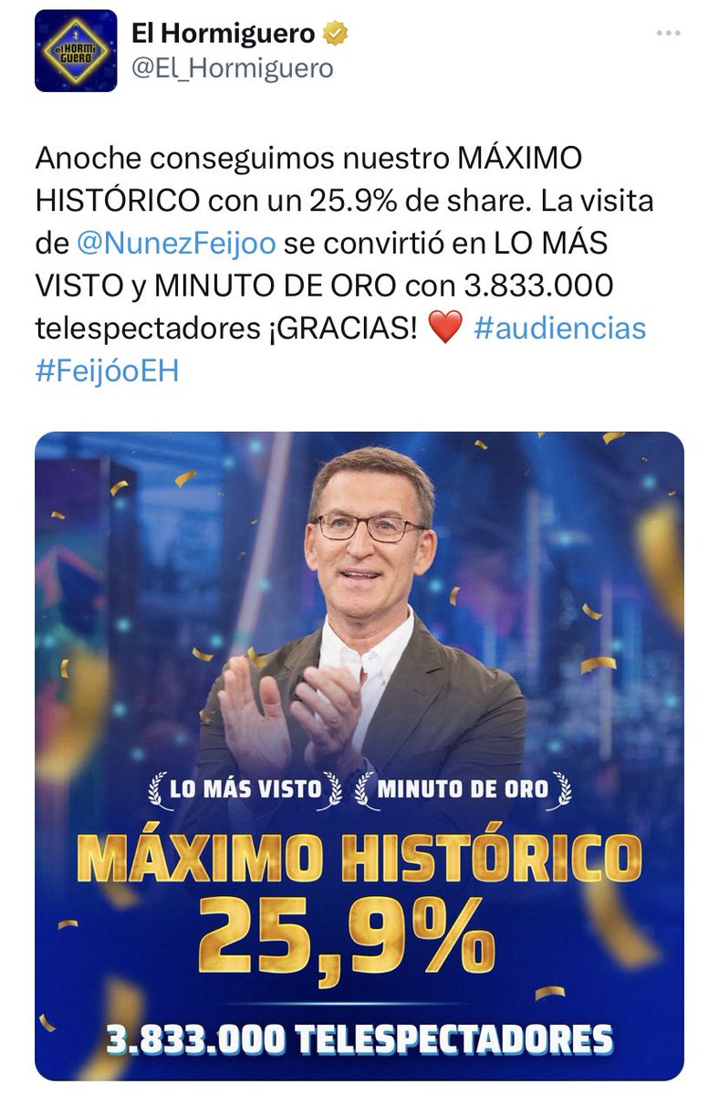 Doct_Tricornio's tweet photo. - Entrevista a Abascal: 4.049.000 espectadores 

- Entrevista a Feijóo: 3.833.000 espectadores 

No se les cae la cara de vergüenza porque no la han tenido, ni la tienen, ni la tendrán 

Memoria histórica https://t.co/FwJX9jQ72S