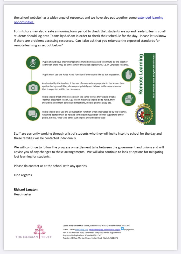 qmgs1554qma's tweet image. Letter to parents regarding #NEU #strike days @QMGs1554 
#digitallearningdays for Y 7️⃣, 8️⃣, 9️⃣, 🔟 and 1️⃣2️⃣.

Selected pupils will be invited to site. Pre-arranged trips - see separate emails.

Please direct any queries to the headmaster’s office. 

👇

qmgs.walsall.sch.uk/wp-content/upl…