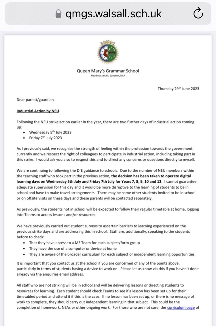 qmgs1554qma's tweet image. Letter to parents regarding #NEU #strike days @QMGs1554 
#digitallearningdays for Y 7️⃣, 8️⃣, 9️⃣, 🔟 and 1️⃣2️⃣.

Selected pupils will be invited to site. Pre-arranged trips - see separate emails.

Please direct any queries to the headmaster’s office. 

👇

qmgs.walsall.sch.uk/wp-content/upl…