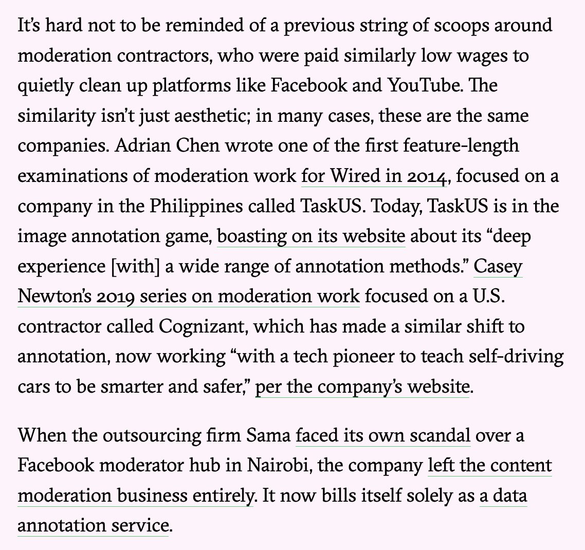 The underpaid workers propping up AI systems with annotation work are exactly the same underpaid workers propping up social media with moderation work. In many cases it’s even the same companies. 

restofworld.org/2023/exporter-…