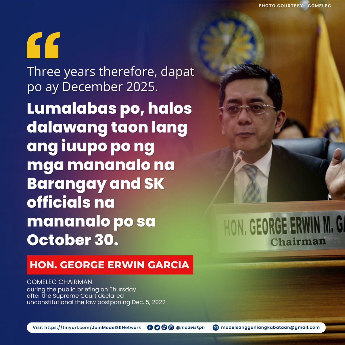 ModelSKph's tweet photo. Ayon kay COMELEC Chairman George Garcia, ang termino ng mananalong Barangay at SK officials sa eleksyon sa October 30 ay magtatapos sa December 2025. Ito ay matapos ideklarang unconstitutional ng Korte Suprema ang postponement ng December 2022 Barangay and SK Elections.
#ModelSK https://t.co/Q8OvNl8DOb
