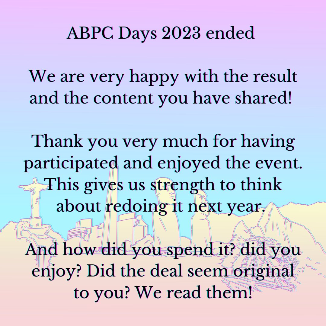 ABPC_s's tweet photo. Les agradecemos de ♥ 
 !Hasta la próxima!  😁✌️
#abpcs #ABPCDays #ABDay #PCday #argbra #pechi
🇦🇷 ♥ 🇧🇷
🇵🇪 ♥ 🇨🇱 https://t.co/WCBdp1EBwR