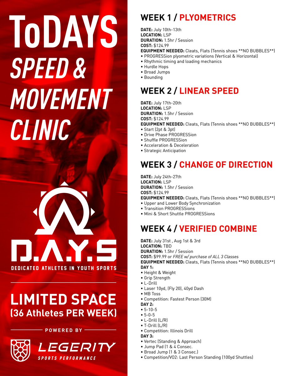 ⚡️ToDAYS Speed &amp; Movement Clinic⚡️
⠀
⚠️LIMITED SPACE! Max of 36 ATH per session group⚠️
⠀
High School Session (830-10am)
Middle School Session (1030-12pm)
⠀
‼️Sign ups will be through a private link shared via DM upon inquiry‼️
⠀
🎁Prizes for winners of Competition(s)🎁