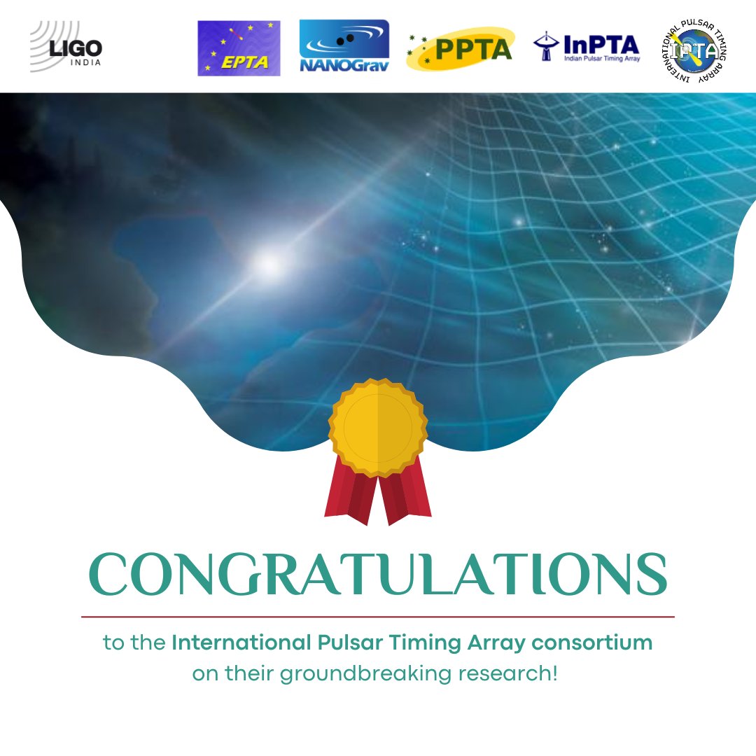 LIGO-India joins LIGO-India Scientific Collaboration in congratulating colleagues from <a href="/InPTA_GW/">InPTA</a>, along with <a href="/IPTA_GW/">International Pulsar Timing Array</a> members <a href="/NANOGrav/">NANOGrav PFC</a>, <a href="/EPTAGW/">European Pulsar Timing Array</a>, PPTA <a href="/CSIRO_ATNF/">CSIRO_ATNF</a>, <a href="/APT_GW/">African Pulsar Timing | APT</a> and CPTA on opening a new window to low-frequency #GravitationalWaves!
