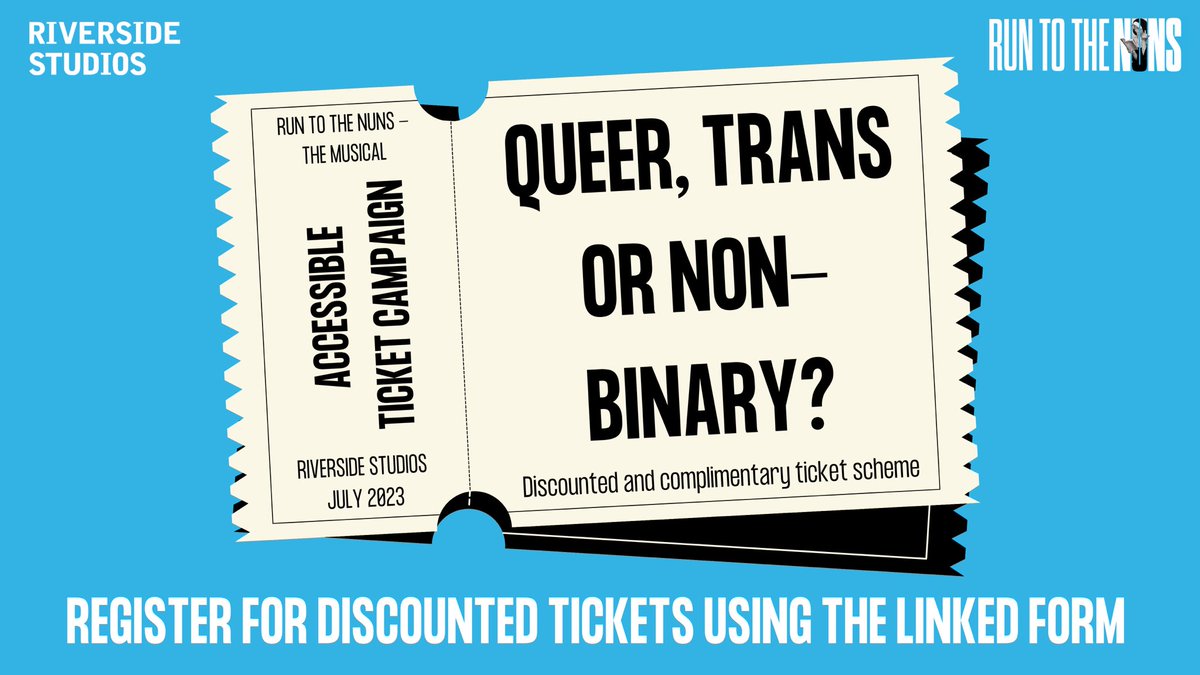 📣CALLING LGBTQIA+ AUDIENCES🌈

We are proud to be launching the Accessible Ticket Campaign for Queer audiences.

Register for discounted or complimentary tickets to ‘Run to the Nuns’ at Riverside Studios. 

REGISTER: forms.gle/Dgy8zxLZMsMY2j…

(Read thread for full information)