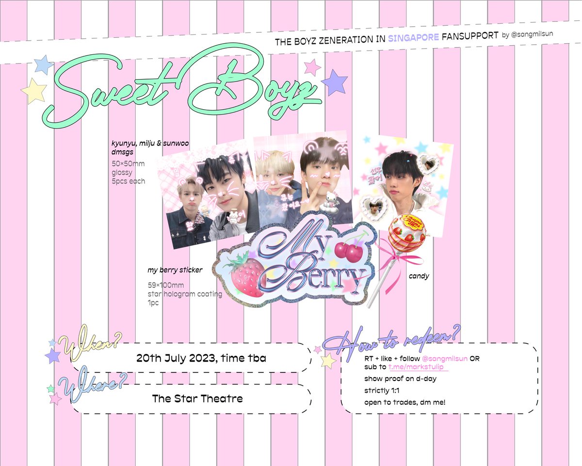 sangmilsun's tweet photo. ☆ .. 𝒮𝘸𝘦𝘦𝘵 ℬ𝘰𝘺𝘻 .. ☆
— #ZENERATIONinSG fansupport

🍬 rt + like &amp; folow, show proof
🍬 no reservations 
🍬 20th july, loc &amp; time tba

dm for trades! <3

#THEBOYZinSG #THEBOYZ_ZENERATION_IN_SG https://t.co/2wUuqbsXf3