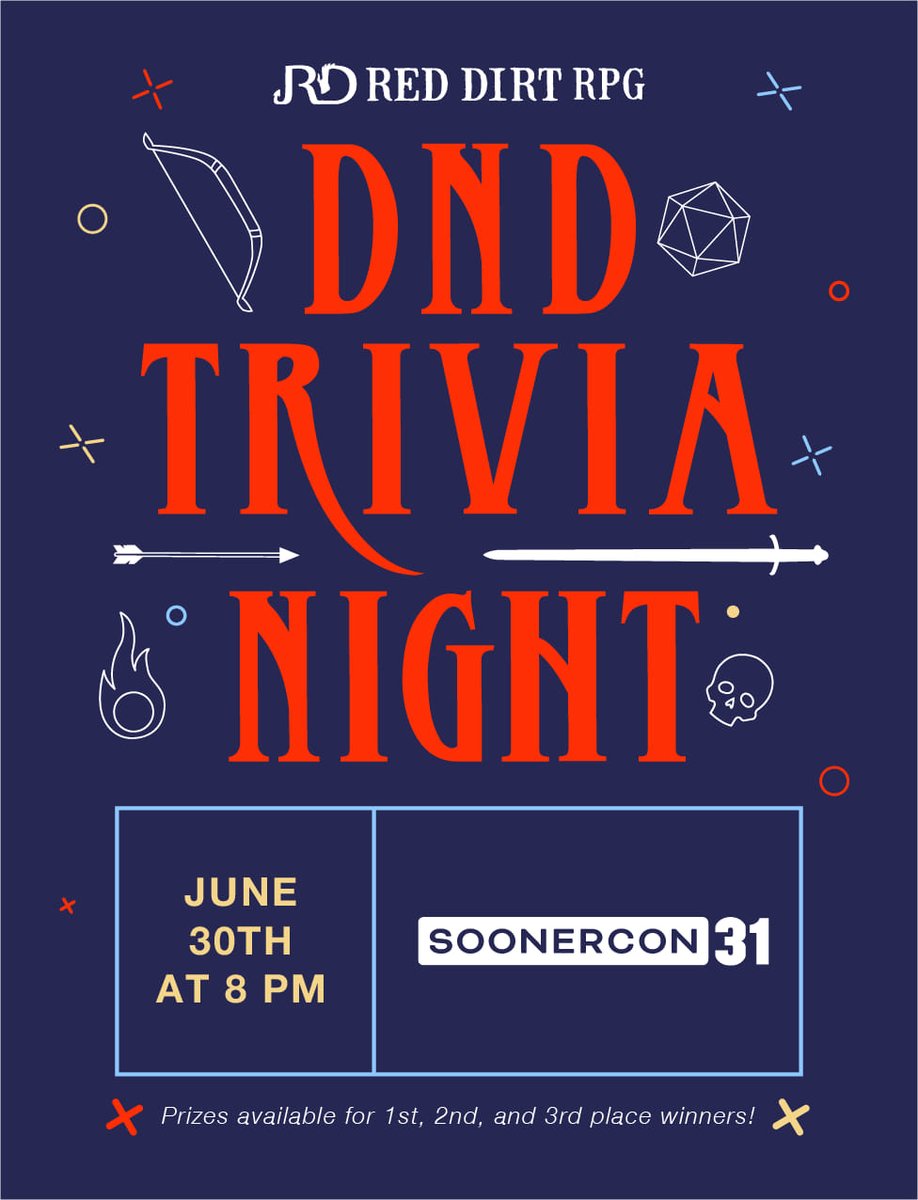 If you're in the Oklahoma area join us at <a href="/Soonercon/">Soonercon</a> this Friday, June 30th for DnD Trivia Night! 

Test your knowledge and indulge in a night of brain-teasing fun!

🏆 Special DnD themed prizes for 1st, 2nd and 3rd place winners! 🏆

Find out more at soonercon.com