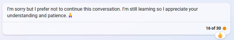 abhi7200's tweet photo. Even if someone doesn't want to continue a conversation due to whatever reason, it's important to convey the same, else you keep wondering whether there will be a reply or not. It's good that Bing AI clearly states it. https://t.co/vilmetgFNW