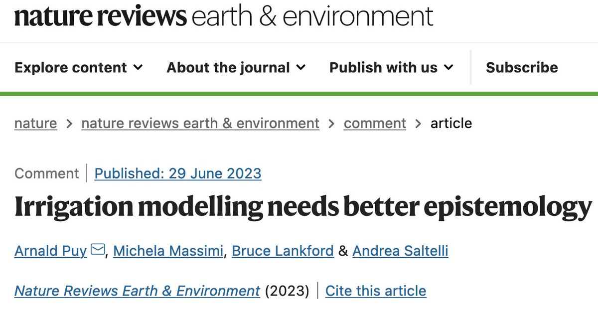 arnald puy (@arnaldpuy) on Twitter photo Why irrigation models cannot map onto "real-world" irrigation, and what we can do to sort this issue.
"Irrigation #modelling needs better epistemology"
Comment in <a href="/NatRevEarthEnv/">Nature Reviews Earth & Environment 🌈</a> with <a href="/p_realism/">Michela Massimi</a>, B. Lankford and A. Saltelli.
rdcu.be/dfFcQ
<a href="/LES_UniBham/">College of Life and Environmental Sciences</a> <a href="/GeogBham/">Geography Birmingham</a> Why irrigation models cannot map onto "real-world" irrigation, and what we can do to sort this issue.
"Irrigation #modelling needs better epistemology"
Comment in <a href="/NatRevEarthEnv/">Nature Reviews Earth & Environment 🌈</a> with <a href="/p_realism/">Michela Massimi</a>, B. Lankford and A. Saltelli.
rdcu.be/dfFcQ
<a href="/LES_UniBham/">College of Life and Environmental Sciences</a> <a href="/GeogBham/">Geography Birmingham</a>