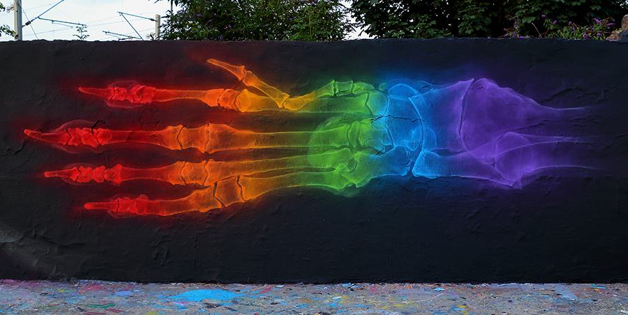 ASRT's tweet photo. “X-Rainbow (Underdog)” is the final cover by SHOK-1, the pioneer of aerosol x-ray art. Based in London, the artist spray-paints unique x-ray murals around the world and produces fine art prints and canvases inspired by radiology. See the latest issue at https://t.co/s0eAnoesir. https://t.co/ol2rWxqlDX