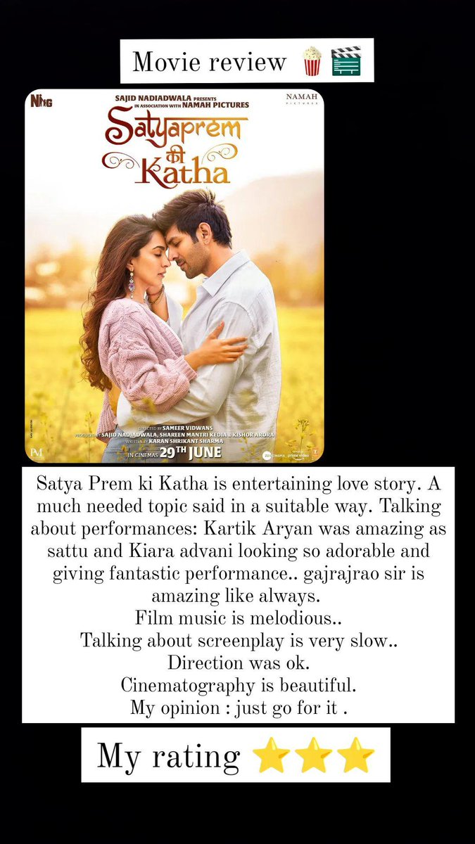 #SajidNadiadwala #SatyaPremKiKatha  
@TheAaryanKartik
@advani_kiara @sameervidwans @shareenmantri @kishorarora19 @karandontsharma @DoP_Bose @BoscoMartis @NGEMovies @namahpictures @WardaNadiadwala
@raogajraj #SupriyaPathakKapur @IamSiddharthR #ShikhaTalsania @rajpalofficial