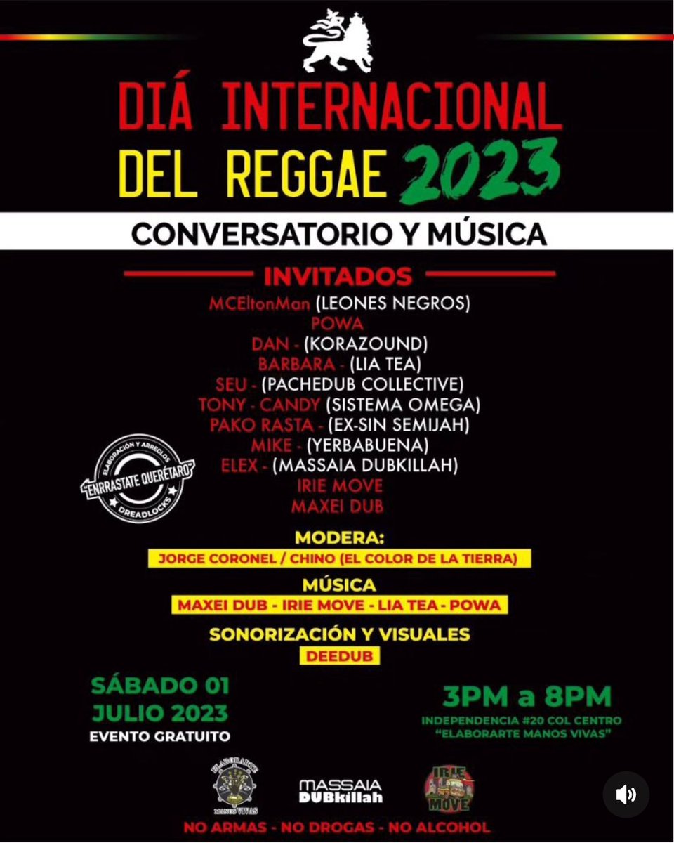 Se viene el Día internacional del reggae 2023. Para celebrar, tenemos este conversatorio a celebrarse el sábado 1 de julio. 
Voces con experiencia y presencia en la escena reggae dan su punto de vista. Esto en #ElaborarteManosVivas, Centro de Querétaro