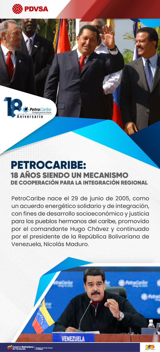 🇻🇪 #29Jun Desde @MinPetroleoVE celebramos el 18 aniversario de PetroCaribe, mecanismo de cooperación para la integración regional. #EmpoderarElPoderPopular