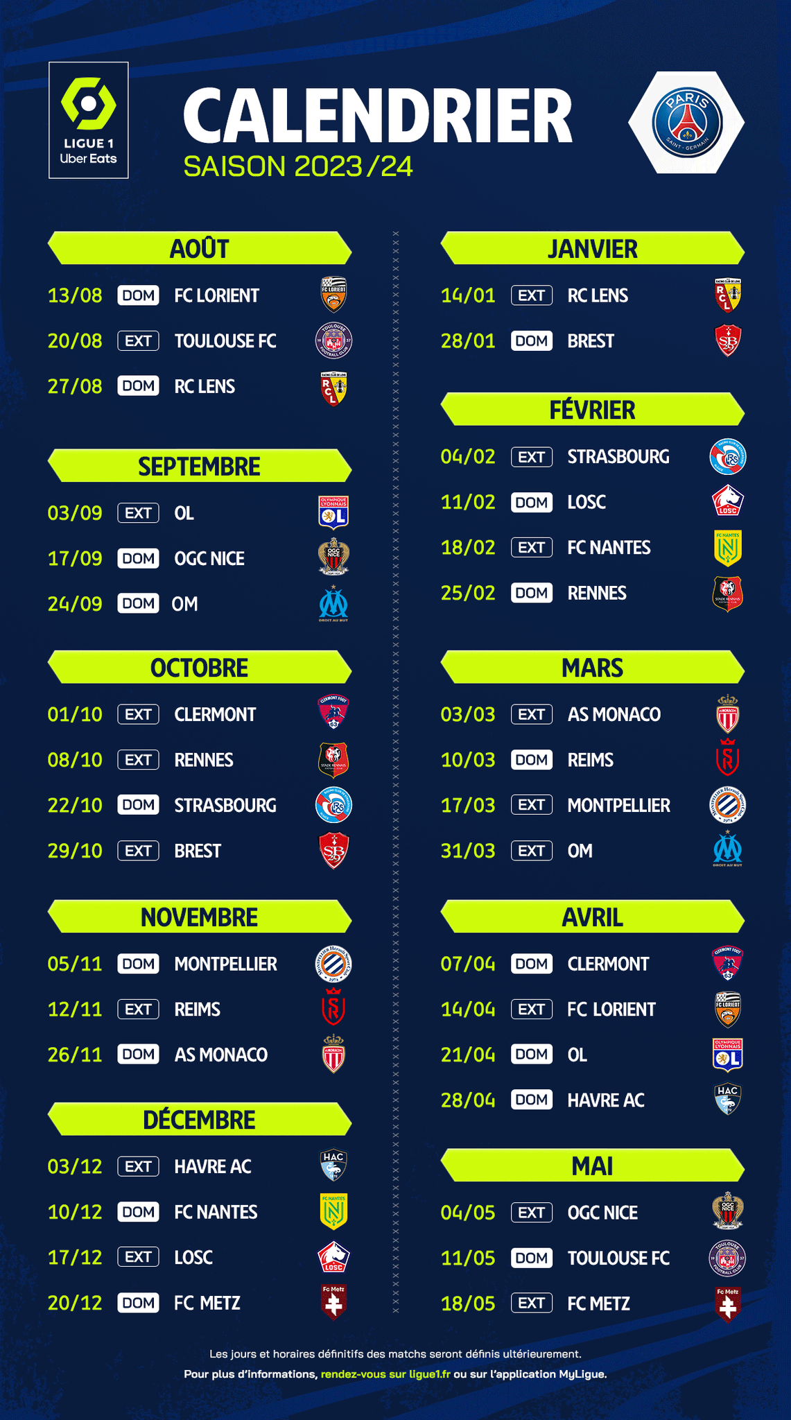 Ligue 1 Le calendrier complet du PSG pour la saison 2023/2024 de L1