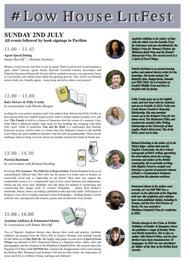 Laxfield Literary (@laxfieldlit) on Twitter photo Full #LowHouseLitfest programme now online. laxfieldliterary.com/low-house-litf…
Sun 2 July, 11am - 6pm. Free entry, all welcome. Join us!
<a href="/ce_seymour/">Charlotte Seymour</a> <a href="/emmashercliff/">Emma Shercliff</a> <a href="/KateSawyer/">Kate Sawyer</a> <a href="/WriterPolly/">Polly Crosby</a> <a href="/Phoebe_A_Morgan/">Phoebe Morgan</a> <a href="/patrick_barkham/">Patrick Barkham</a> @the_fields_edge <a href="/bbcpaddy/">Paddy O'Connell</a> @AnnalieseAvery Full #LowHouseLitfest programme now online. laxfieldliterary.com/low-house-litf…
Sun 2 July, 11am - 6pm. Free entry, all welcome. Join us!
<a href="/ce_seymour/">Charlotte Seymour</a> <a href="/emmashercliff/">Emma Shercliff</a> <a href="/KateSawyer/">Kate Sawyer</a> <a href="/WriterPolly/">Polly Crosby</a> <a href="/Phoebe_A_Morgan/">Phoebe Morgan</a> <a href="/patrick_barkham/">Patrick Barkham</a> @the_fields_edge <a href="/bbcpaddy/">Paddy O'Connell</a> @AnnalieseAvery