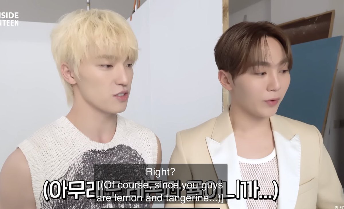 dino saying he thinks their faces are compatible and the caption says 'of course, since you guys are lemon and tangerine' 😆