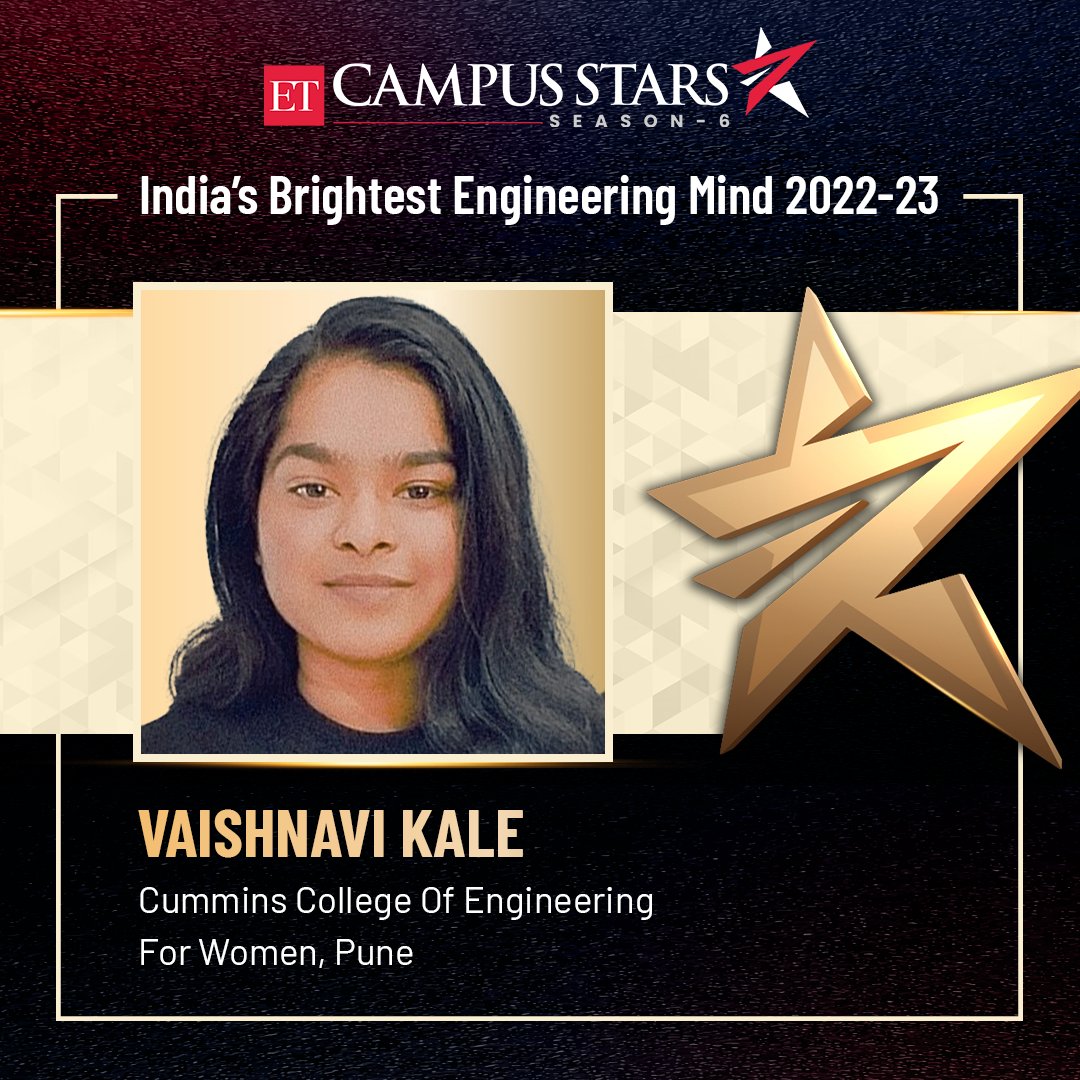 Congratulations Vaishnavi Kale, Cummins College Of Engineering For Women, Pune, for making it to the prestigious list of ET Campus Stars Class 2022-23. To view the entire list of winners, visit etcampusstars.com