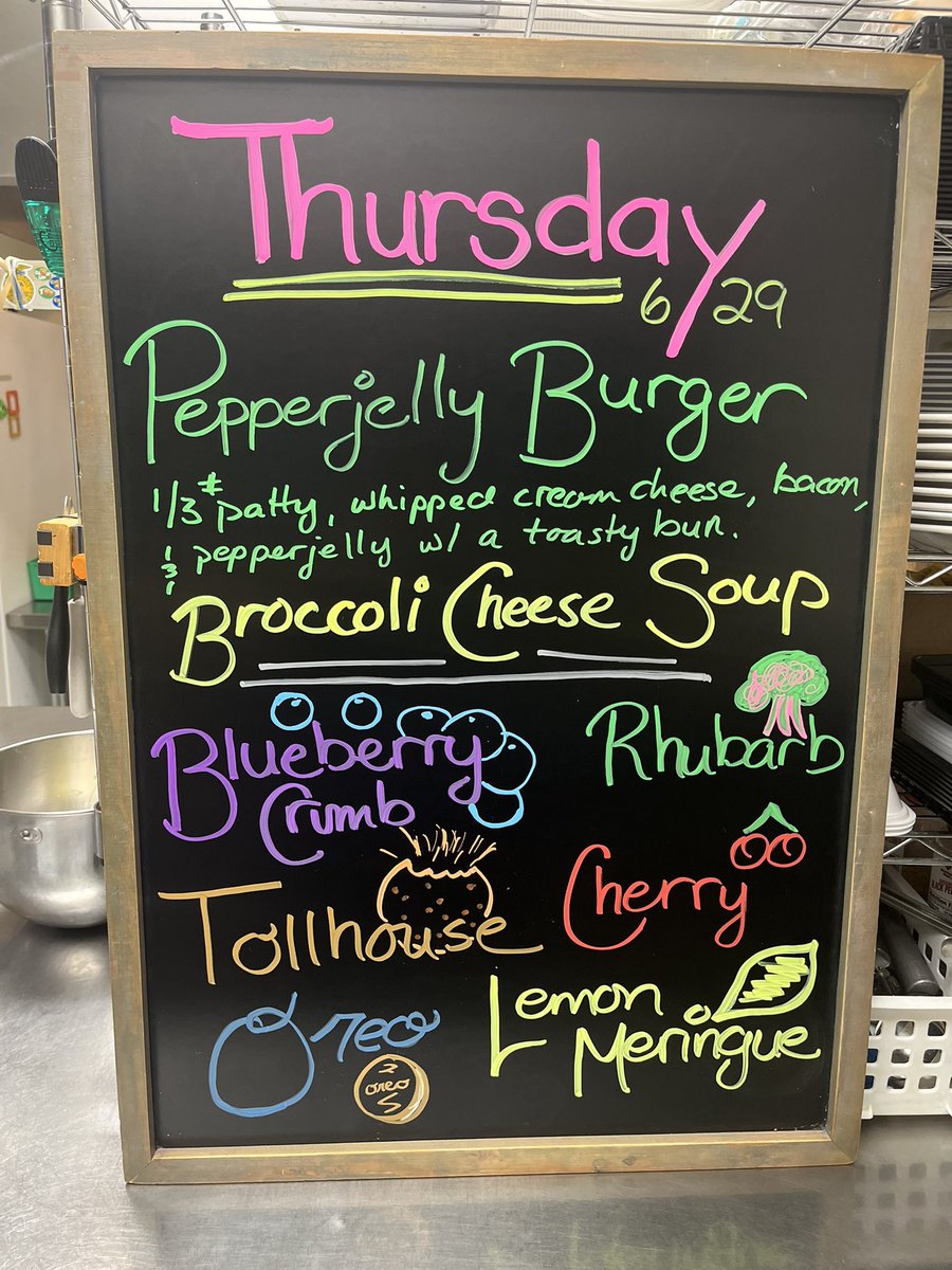 Mornin’ sunshine. ☕️🌤️
Pepperjelly Burger today. Whipped cream cheese, bacon, & pepperjelly on a 1/3# patty and topped with a toasty bun. Broccoli Cheese for soup. 
Rhubarb & Oreo for pies while they last. 

#newmangrove #eatlocal #shopsmall