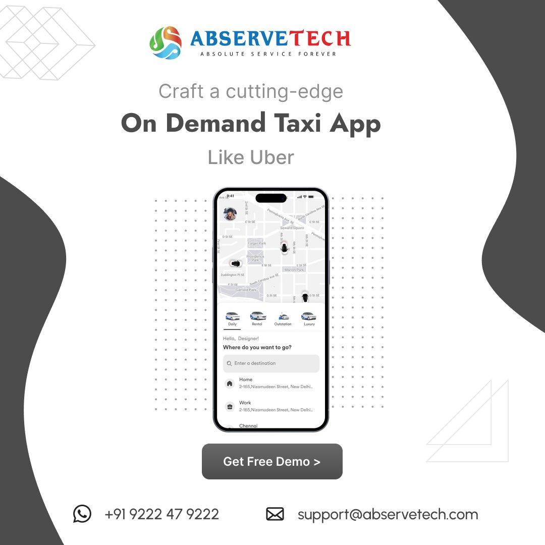 abservetech's tweet image. Craft a cutting-edge on-demand taxi app like Uber
 abservetech.com/uber-clone/
#TaxiBookingSoftware #TaxiBookingScript #TaxiBookingBusiness #Business #TaxiBooking #Entrepreneurs #Entrepreneurship #Startups #StartupIdeas #BusinessIdeas #Abservetech #RebuStar #Abs