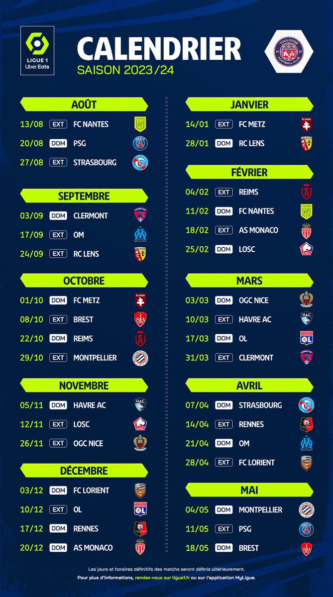 𝗦𝗮𝗶𝘀𝗼𝗻 𝟮𝟯/𝟮𝟰 

Voici le calendrier :