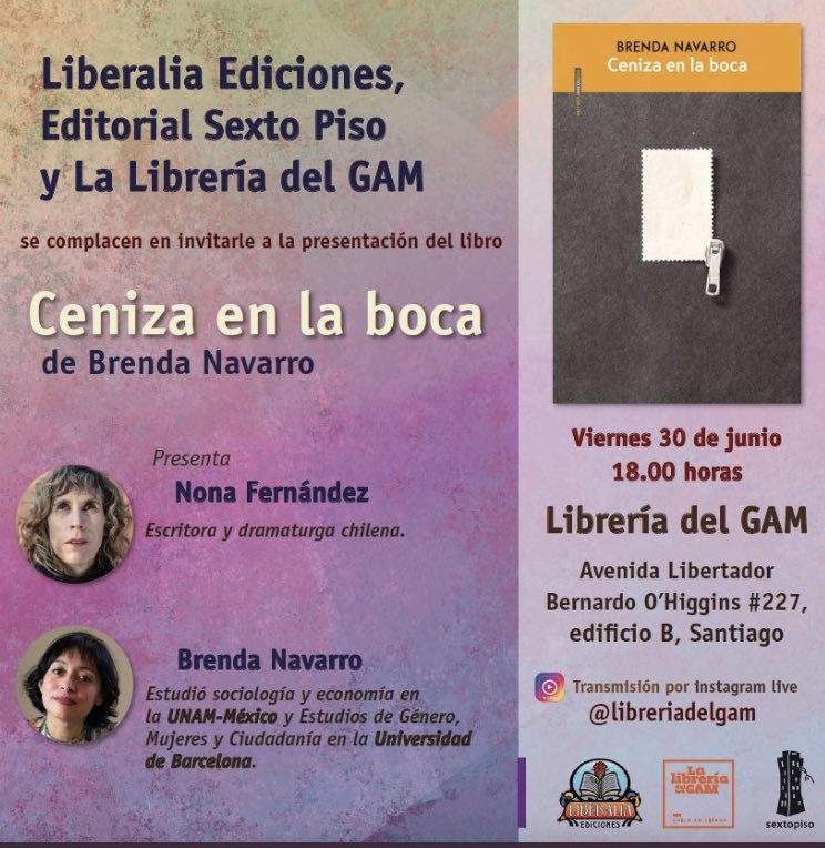 Nona Fernandez (@nonafernandez) on Twitter photo Respetable público, nos vemos mañana a las 18.00 en la <a href="/LibreriadelGAM_/">Libreria del GAM</a> para celebrar a la querida <a href="/despixeleada/">Brenda Navarro</a> que nos visita con su CENIZA EN LA BOCA ✨
Vénganse que será una fiesta 🎈
<a href="/EdSextoPiso/">Editorial Sexto Piso</a> <a href="/LiberaliaEd/">Liberalia Ediciones</a> <a href="/Cuadernos_hisp/">Cuadernos Hispanoamericanos</a> <a href="/CatedraUDP/">Cátedra Abierta UDP</a> <a href="/CCESantiago/">CCE Santiago</a> <a href="/AutorasChilenas/">Autoras Chilenas</a> Respetable público, nos vemos mañana a las 18.00 en la <a href="/LibreriadelGAM_/">Libreria del GAM</a> para celebrar a la querida <a href="/despixeleada/">Brenda Navarro</a> que nos visita con su CENIZA EN LA BOCA ✨
Vénganse que será una fiesta 🎈
<a href="/EdSextoPiso/">Editorial Sexto Piso</a> <a href="/LiberaliaEd/">Liberalia Ediciones</a> <a href="/Cuadernos_hisp/">Cuadernos Hispanoamericanos</a> <a href="/CatedraUDP/">Cátedra Abierta UDP</a> <a href="/CCESantiago/">CCE Santiago</a> <a href="/AutorasChilenas/">Autoras Chilenas</a>
