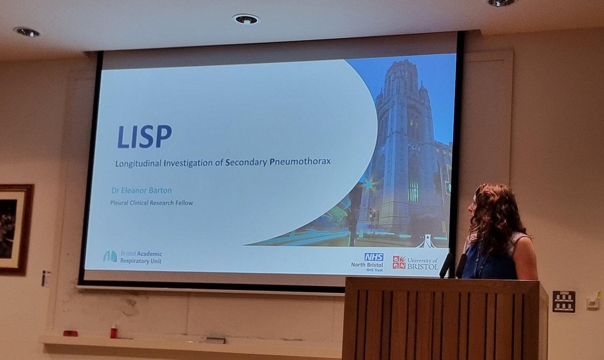 ASundaralingam's tweet image. Dr Elle Barton presenting an update on the LISP study the first output from the @INSPIREresp_UK trainee network and PRINCE-SSP, an RCT of needle aspiration vs chest drain in secondary spontaneous pneumothorax
@UKPleura #Pleural