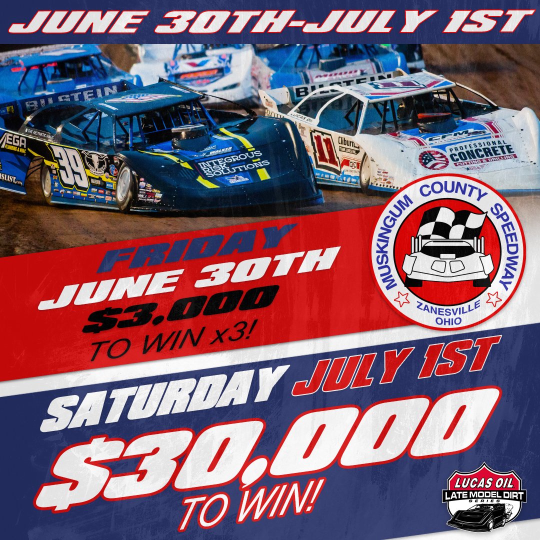 $𝟯𝟬,𝟬𝟬𝟬 𝘁𝗼 𝗪𝗶𝗻 𝗮𝘁 𝗠𝘂𝘀𝗸𝗶𝗻𝗴𝘂𝗺 𝗖𝗼𝘂𝗻𝘁𝘆 𝗦𝗽𝗲𝗲𝗱𝘄𝗮𝘆!

The stars of #LucasDirt will invade <a href="/RaceMCS/">Muskingum Co. Speedway</a> this weekend for two action-packed days of competition, highlighted by Saturday Night's $30,000 to Win 𝗙𝗥𝗘𝗘𝗗𝗢𝗠 𝟲𝟬!

🎟️ | LucasDirt.info/freedom60